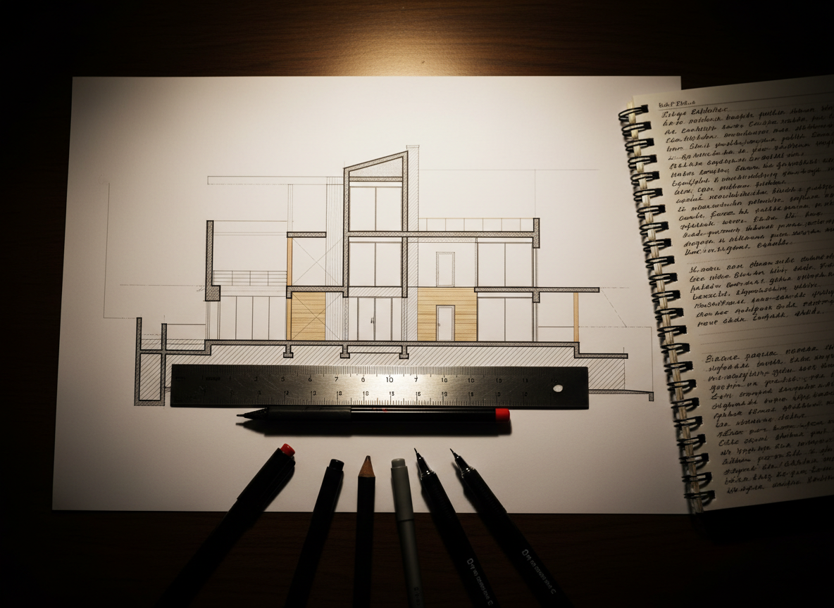 A highly detailed, photographic close-up of an architect’s hands replaced by neatly positioned tools: a mechanical pencil, fine-line pens, and a silver scale ruler arranged around a precise architectural section drawing. The drawing shows a contemporary building in crisp black lines on bright white paper, with delicate hatch patterns suggesting materials. Beside it lies an open notebook filled with tightly spaced, handwritten-style research notes in Turkish, rendered just out of legible focus to avoid real text. Soft, directional desk lamp lighting creates a focused pool of warm light, with the surroundings fading into gentle darkness. The mood is intimate, intellectual, and craft-oriented. Shot from directly above, the flat-lay composition is clean and balanced, illustrating process, expertise, and the link between practice and doctoral study.
