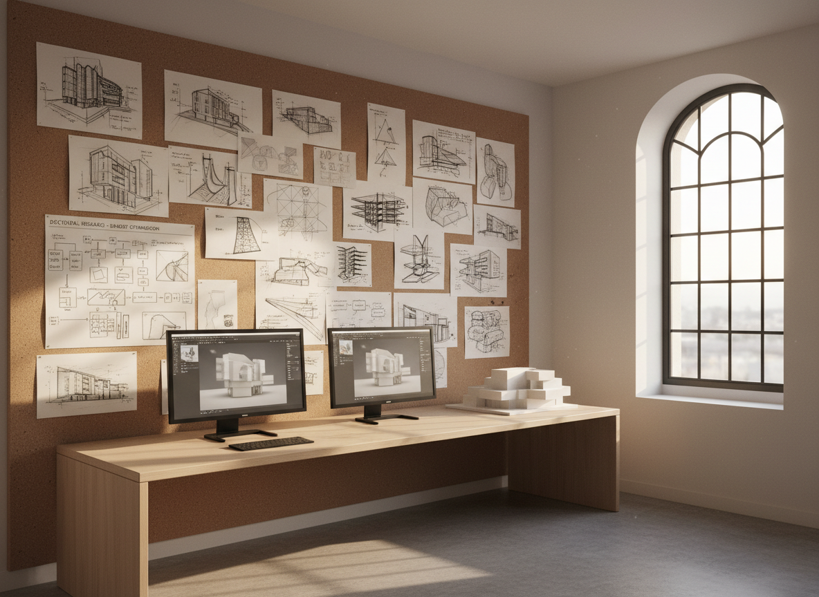 A photographic interior of a refined architect’s studio, free of people, featuring a large wall pinned with concept sketches, printed diagrams, and abstract diagrams representing doctoral research. In front, a minimalist light-wood desk holds dual monitors with blurred architectural software interfaces, a precision keyboard, and a small physical model in pure white card. Late afternoon natural light enters through a tall window, creating a warm glow and long, soft shadows that add depth without clutter. The mood is serene, methodical, and highly professional. Shot from a slightly elevated corner angle, capturing strong leading lines from the desk toward the research wall, with sharp focus throughout. The style is clean and contemporary, suitable for showcasing both practice and academic consultancy sections.