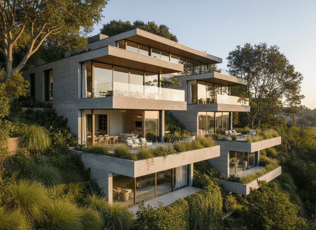 A stunning modern architectural home built on a sloped hillside terrain. The building features terraced levels that follow the natural contour of the land, with clean lines, concrete and glass materials, cantilevered sections over the slope, and lush green surroundings. Professional architectural photography, golden hour lighting, sophisticated neutral tones with warm accents. Showcases how sloped terrain becomes a design opportunity rather than a challenge.