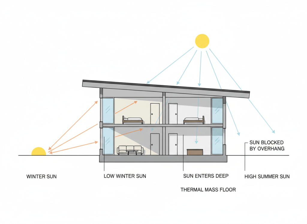 A clean architectural cross-section diagram showing a house with sun angles in winter and summer. Winter sun is low on the horizon with angled rays entering deep into the interior through windows. Summer sun is high and steep, with rays blocked by the roof overhang. Simple, minimal illustration style with clear labels, white background, professional architectural drawing aesthetic.