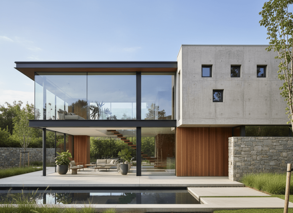 A architectural photograph of a modern house showing two facades: the south-facing facade has large, wide floor-to-ceiling windows that let in abundant sunlight, while the north-facing facade has small, minimal windows. Clean contemporary architecture, natural materials, daytime lighting, professional architectural photography style.