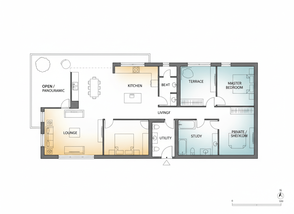 A simple architectural floor plan diagram with color-coded zones. Open/panoramic areas highlighted in warm yellow/orange, private/sheltered areas in cool blue/green. Clean, minimal style with clear labels. Professional architectural illustration.