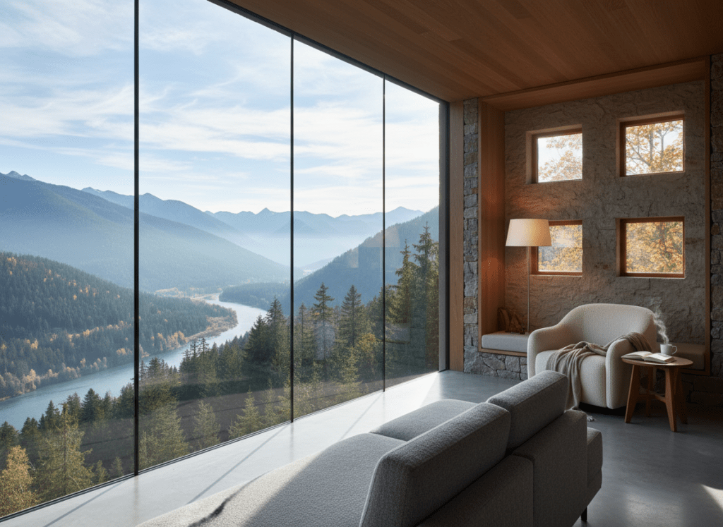 A modern interior living room with floor-to-ceiling panoramic windows on one side showing a beautiful landscape view, and right next to it a cozy quiet reading nook with small intimate windows. Natural light contrast between the two spaces. Warm, architectural photography style.