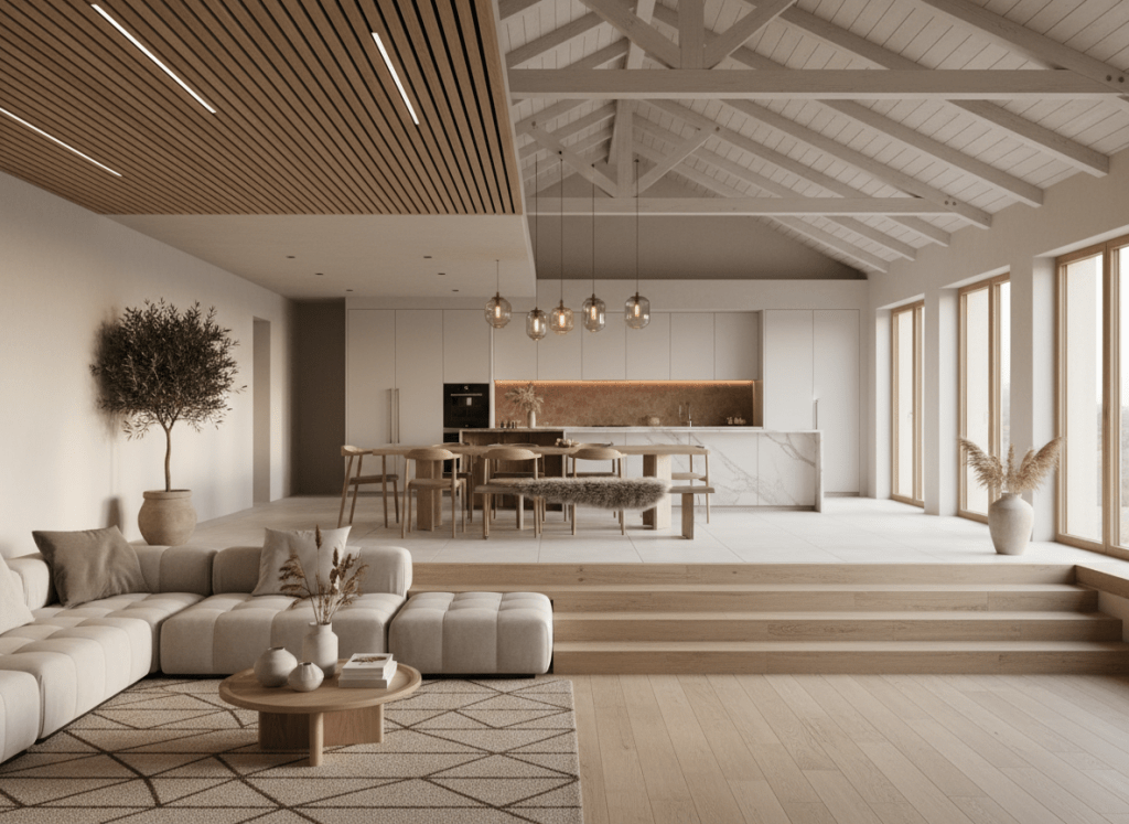 A beautiful interior photograph of a modern open-plan living space where kitchen, dining, and living areas flow together in one fluid volume. The spaces are separated by a subtle level difference (split level), different ceiling heights, and material transitions — not walls. Warm natural light, contemporary Scandinavian-Turkish design aesthetic, wooden accents, neutral tones. The composition shows the seamless yet distinct zones clearly.