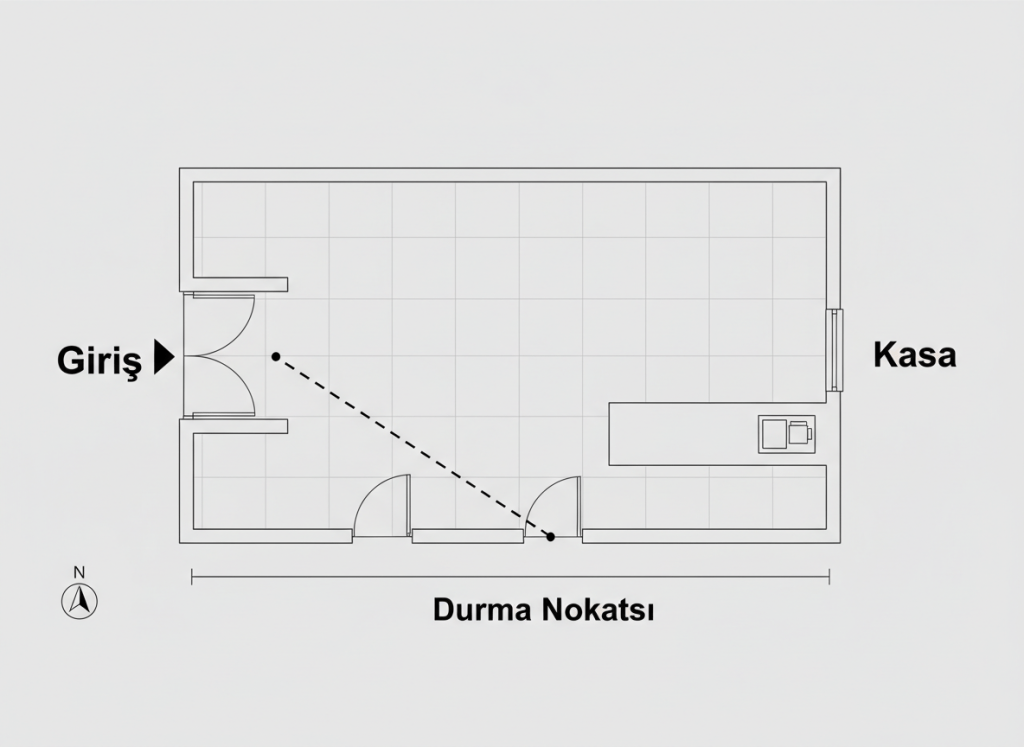 A clean architectural overhead/bird's eye view floor plan schematic of a cafe entrance. Shows the entrance door on one side and a cash register/counter on the other, with a clearly marked "stopping point" distance between them — indicated by a dashed arrow or measurement line. Minimalist diagram style with simple lines, labels in Turkish (Giriş, Kasa, Durma Noktası), light background, professional architectural drawing aesthetic.