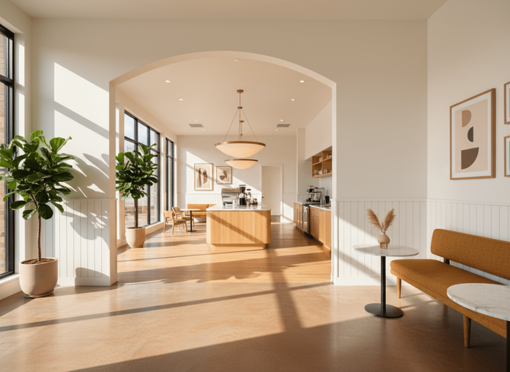 A spacious, welcoming cafe entrance interior photograph. The entrance area is open and airy, with a clear sightline toward the seating area beyond. Natural light, warm tones, minimal clutter at the entrance. The space intentionally gives customers room to pause and "read" the space before choosing a seat. Modern, professional cafe aesthetic. Representational/illustrative photo style.