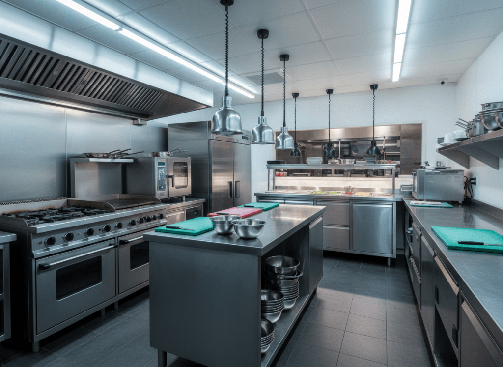 A well-organized, efficiently designed commercial restaurant kitchen. Stainless steel surfaces, clearly defined workstations, professional cooking equipment arranged for optimal workflow. Clean, bright lighting. The kitchen looks compact yet highly functional, demonstrating that a small kitchen can support a large menu. Professional editorial photography style, realistic and atmospheric.