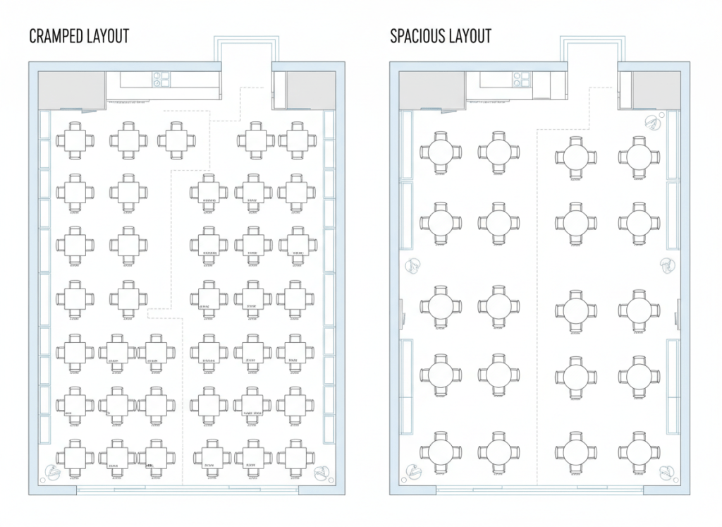 Bird's eye view architectural diagram comparing two restaurant table layout plans side by side. Left side shows a cramped, dense table arrangement with tables very close together. Right side shows a spacious, well-spaced table arrangement with comfortable distances between tables. Clean, professional technical drawing style with neutral tones, top-down perspective, minimalist architectural aesthetic.