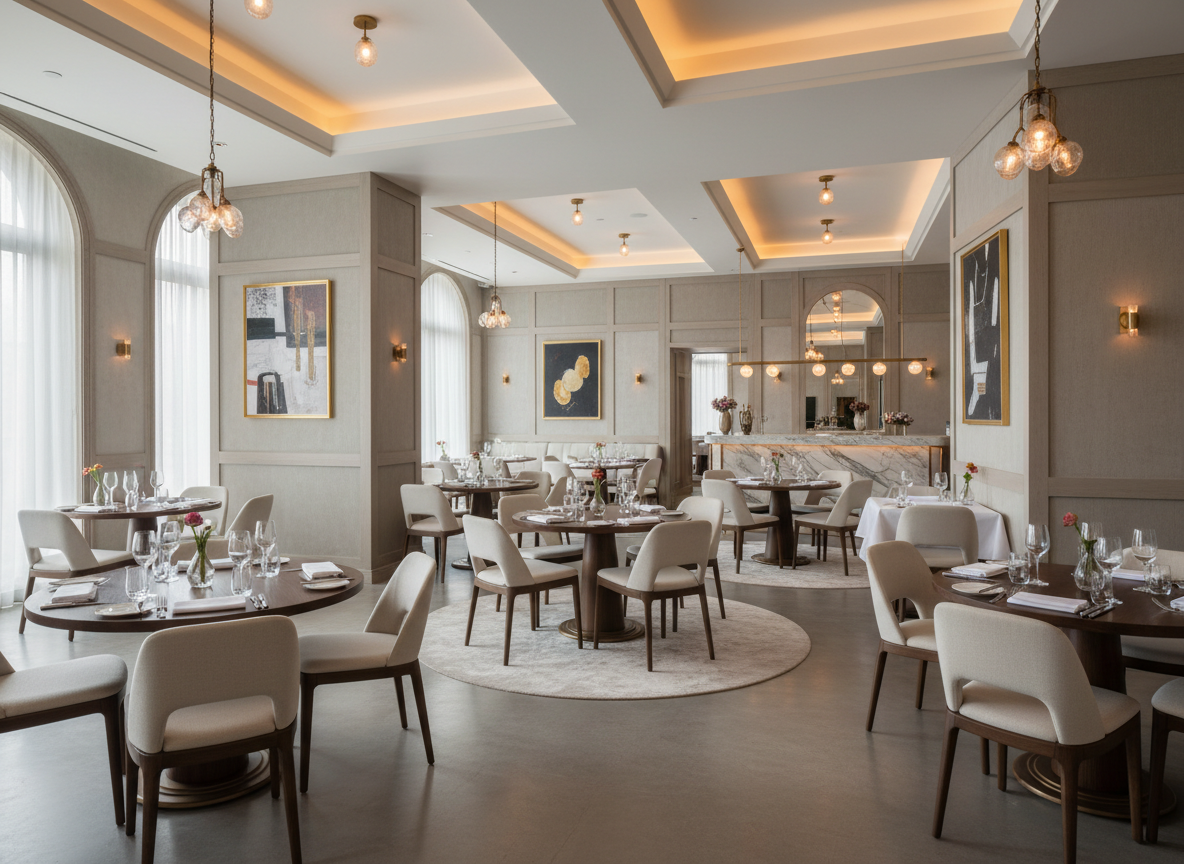 Rahat aralıklı, ferah bir restoran salonu