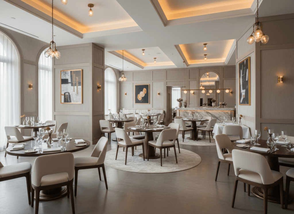 Interior photograph of a spacious, elegantly designed restaurant dining room. Tables are well-spaced with comfortable distances between them, creating a relaxed and comfortable atmosphere. Warm, sophisticated lighting, neutral and refined color palette, contemporary interior design. Empty chairs and neatly set tables suggest calm, unhurried dining experience. Professional architectural interior photography style.