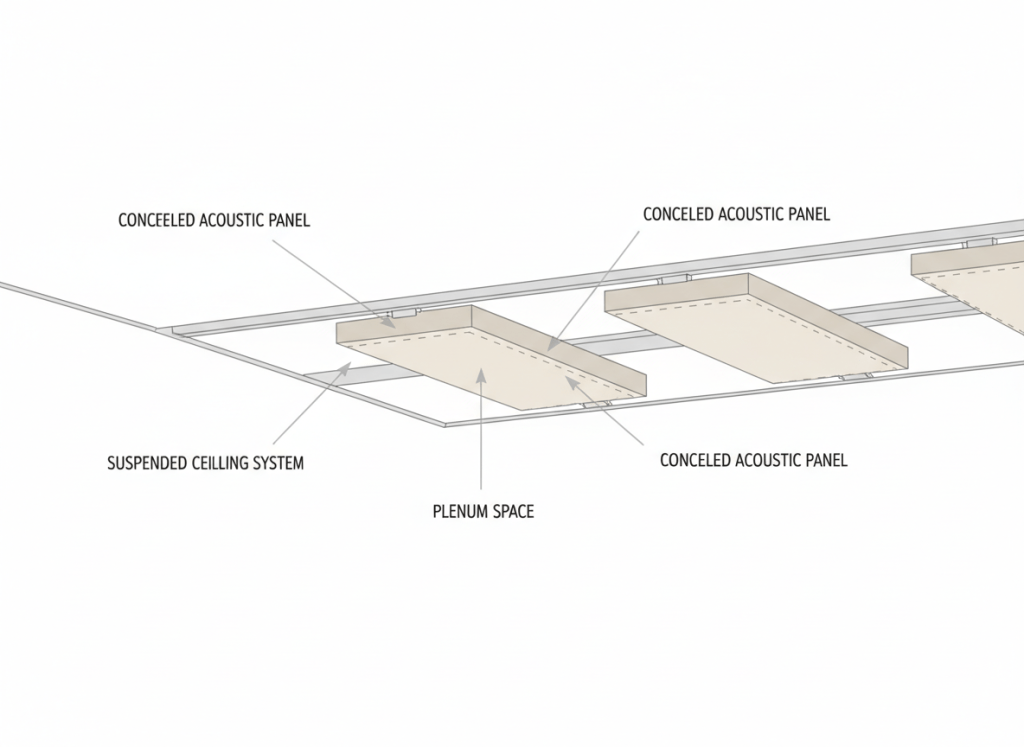 A clean, simple architectural cross-section illustration showing how hidden acoustic panels are integrated into a ceiling. The drawing style is minimal and technical, with soft lines. The illustration shows a ceiling with concealed acoustic panels embedded flush, with subtle arrows or labels indicating the panel placement. The color palette is neutral — white, light gray, and soft beige tones. Professional and clear, suitable for an architecture blog.