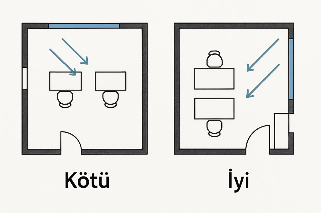 A clean architectural floor plan comparison showing two desk arrangements relative to windows. Left side labeled "Kötü" (Bad): desks positioned parallel to windows causing glare. Right side labeled "İyi" (Good): desks positioned perpendicular to windows for optimal natural light. Simple, professional diagram style with arrows indicating light direction, minimal color palette with blue accent lines.