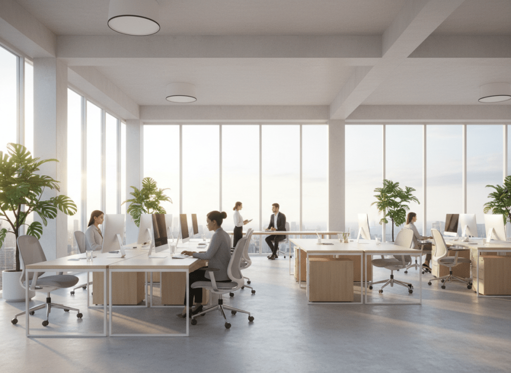 A bright, modern office interior photograph with large floor-to-ceiling windows. Workstations are arranged perpendicular to the windows, allowing natural daylight to fall from the side onto the desks. Warm natural light fills the space, no harsh glare. Clean minimal Scandinavian-style furniture, plants by the windows, professional and calm atmosphere.