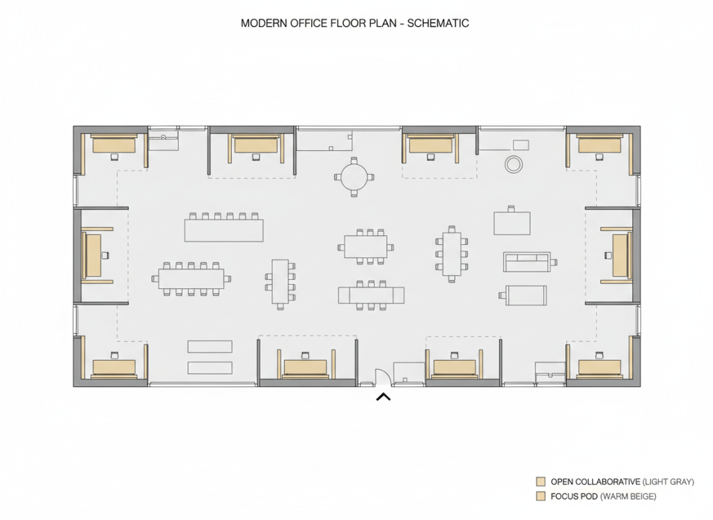 A clean architectural floor plan schematic showing an open office layout with small integrated focus pods/cabins. The plan uses a top-down bird's eye view with clear contrast between the open collaborative area and small quiet focus booths embedded within it. Minimalist line drawing style with subtle color coding — open area in light gray, focus pods in warm beige. Professional and modern aesthetic.
