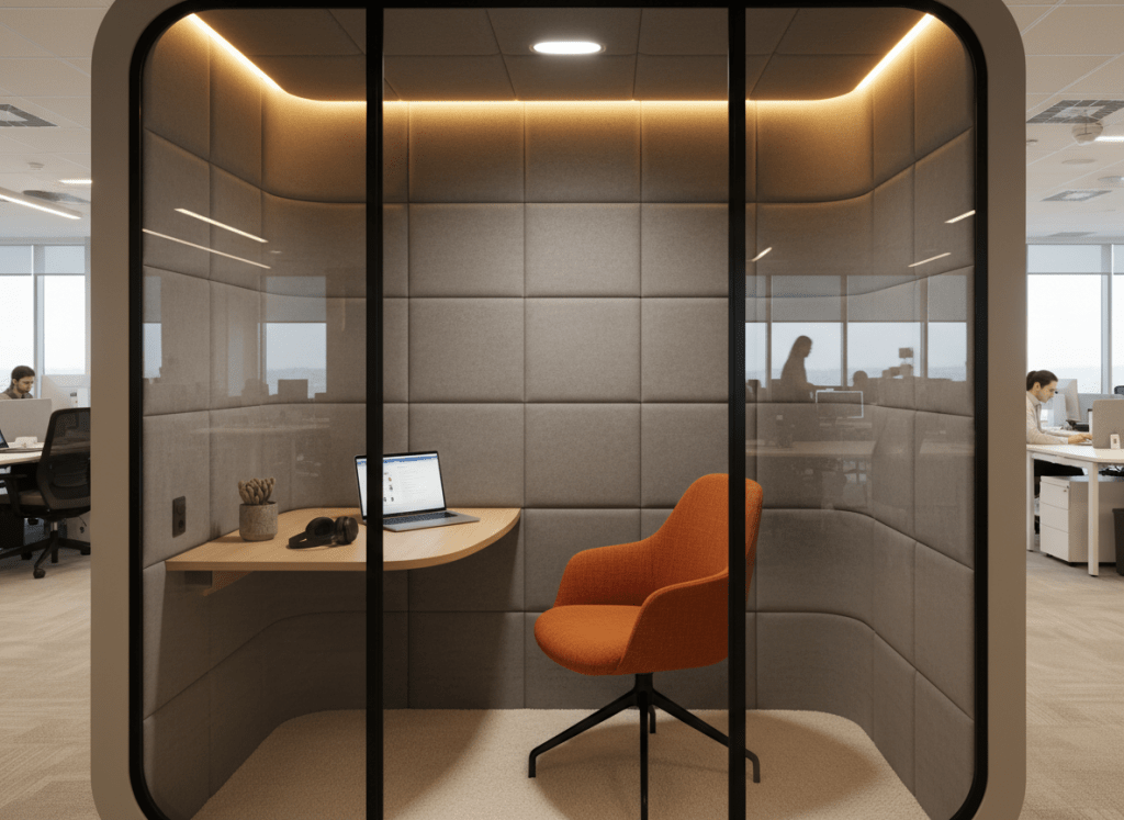 A small, acoustically isolated single-person work pod or focus cabin in a modern office. The booth has soft upholstered walls for sound absorption, warm ambient lighting, a compact desk with a laptop, and a comfortable chair. The cabin feels intimate yet professional — a quiet refuge within a larger open office. Warm tones, clean design, soft shadows. Realistic interior photo style.